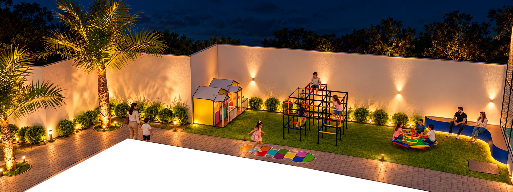 Perspectiva noturna do espaço recreativo com brinquedos e áreas de convivência